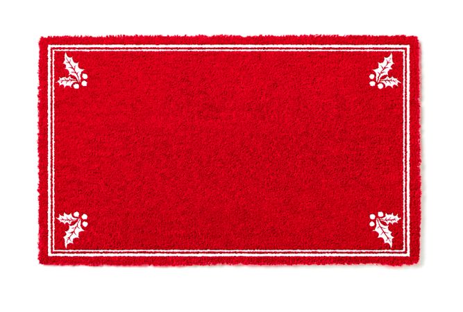 Blank Holiday Red Welcome Mat With Holly Corners Isolated on Background