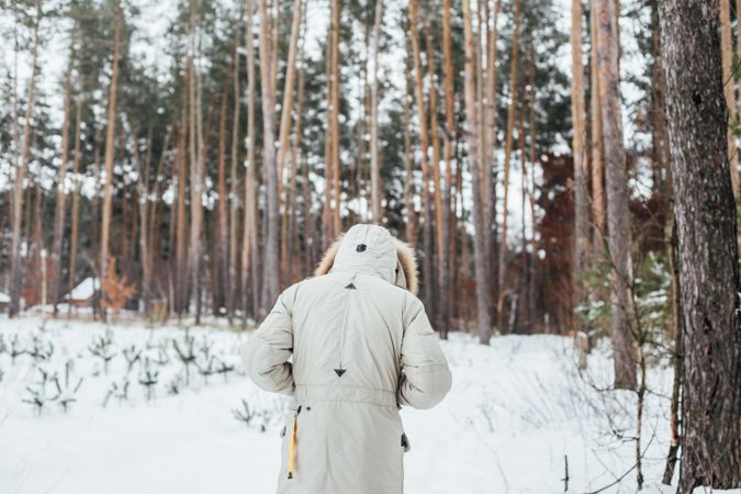 Rear shot of man in winter coat on snowy day