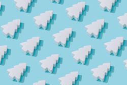 Pattern composition of light  Christmas trees on pastel blue background