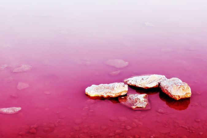 Pink lake with stones reflected in water