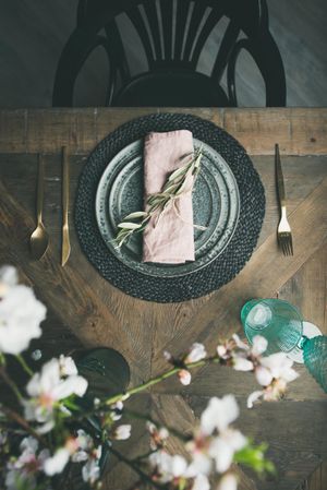 Flat-lay of spring Easter holiday table setting