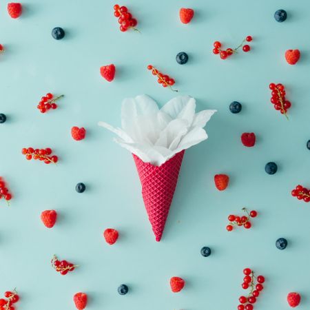 Flower in red waffle cone on blue background with berries