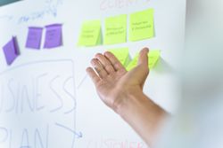 Person presenting a business plan on a whiteboard with sticky notes.