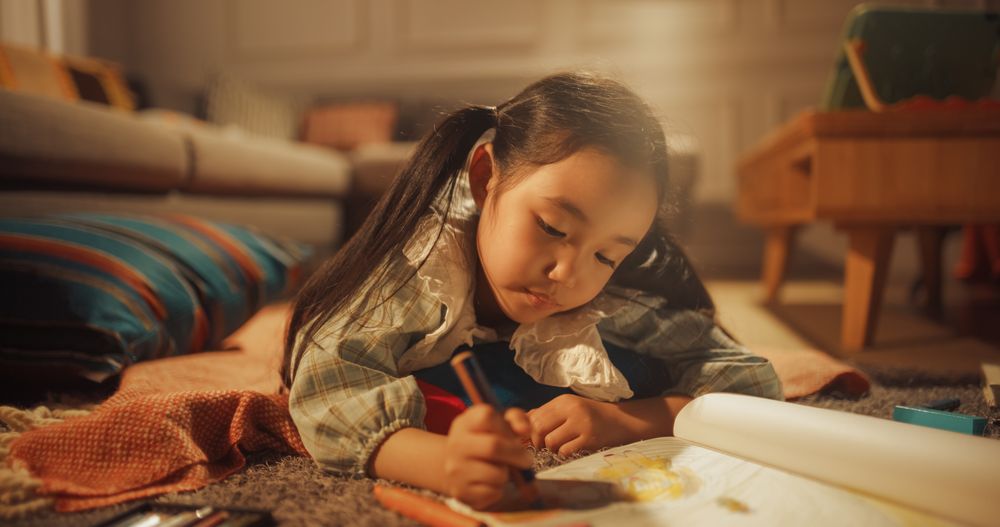 Talented Korean Child Being Creative, Coloring Picture, Preparing a Become Famous Artist