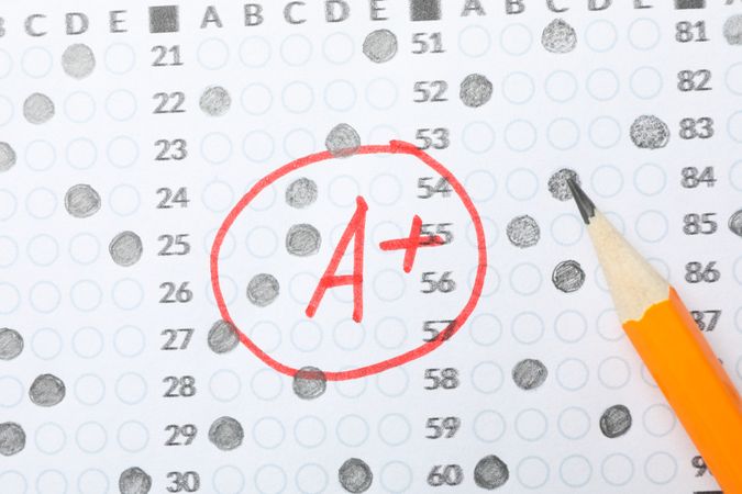 Pencil laying on completed multiple-choice test graded A+