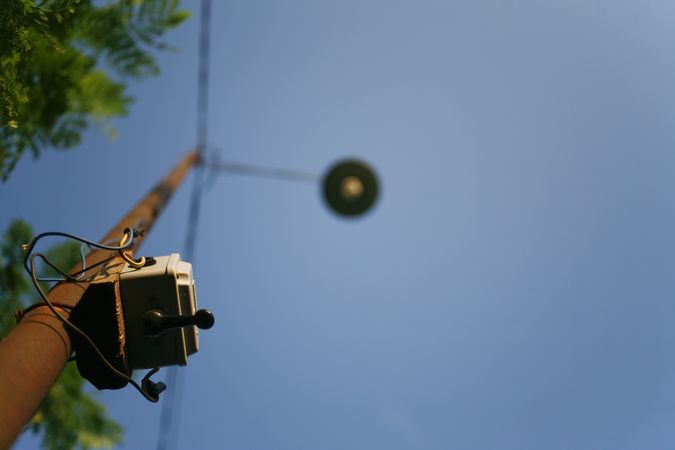 Shot looking up at round street light with trees