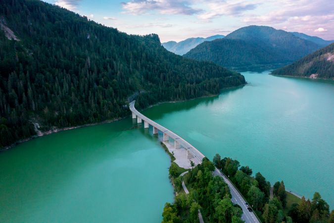 Aerial view of the Sylvenstein Lake surrounded by mountains, in Upper Bavaria, Germany