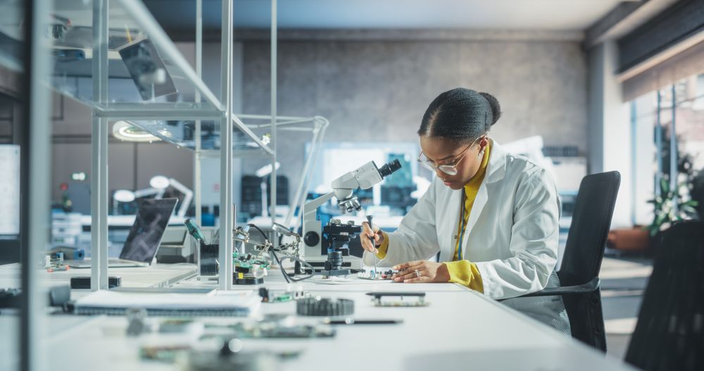 College Science Classroom: Diverse Young Black Female Experimenting with Computer Components
