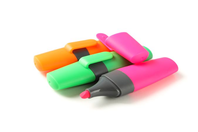 Color office highlighters isolated on plain background