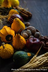 Autumnal foods on wooden table with space for text 4Z8NN0