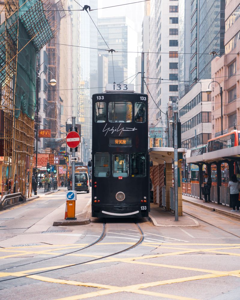 Tram on road in the city