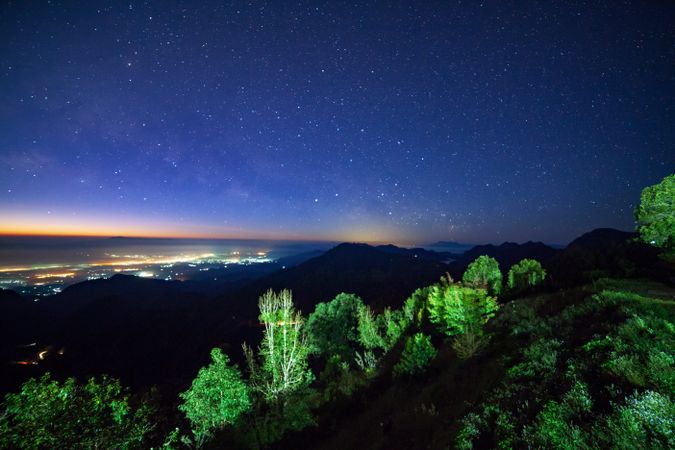 Starry night sky at Monson viewpoint Doi AngKhang and milky way galaxy with stars and space dust in the universe