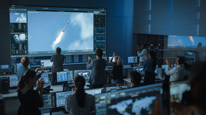 Mission Control Team Celebrates Rocket Launch Success. Diverse Group Cheers as Spacecraft Ascends on Giant Screen.