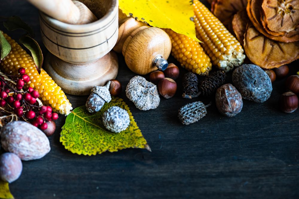 Seasonal autumn table with nuts, berries, vegetable and fruits