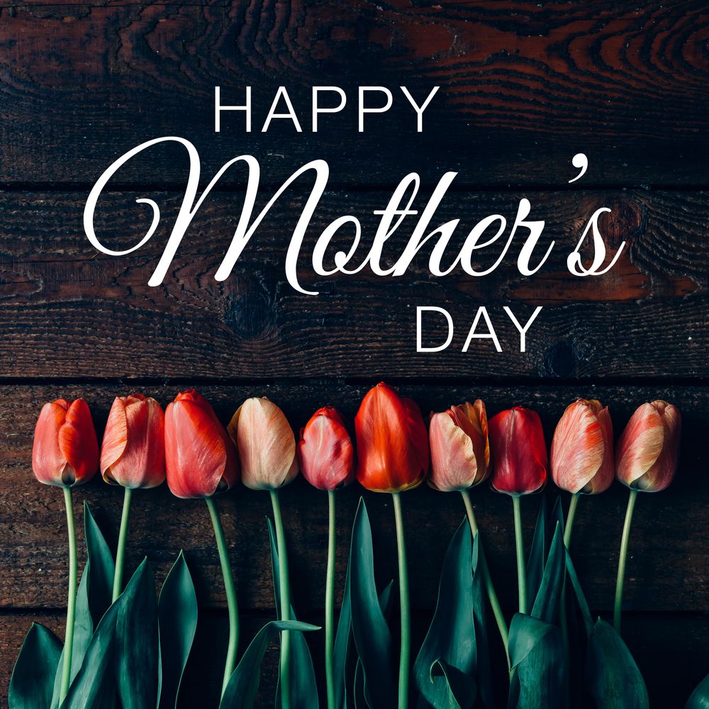 Arrangement of tulips on wooden background with “Happy Mothers Day” text