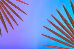 Tropical and palm leaves in vibrant bold gradient holographic neon colors, with copy space