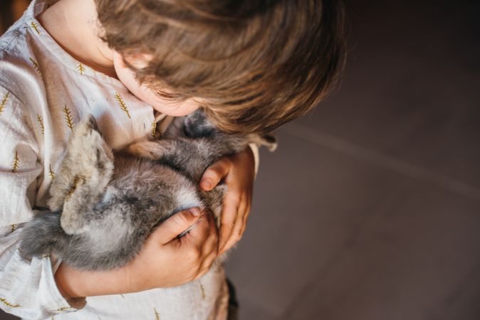 Charming boy with furry bunny