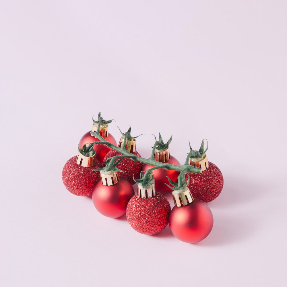 Red Christmas decorations on tomato vine