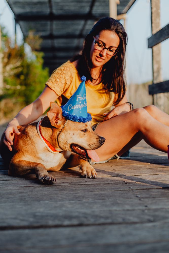 Casual young woman resting next to brown dog with party hat
