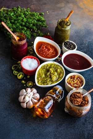 Variety of traditional Georgian satsebeli sauces with kiwi, tomato and berried on stone background with copy space