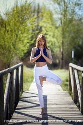 Female wearing sport clothes doing tree pose outside, copy space 4882q4