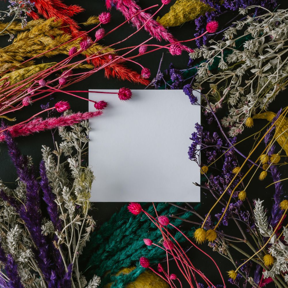Layout made of colorful dried flowers and leaves with paper card note