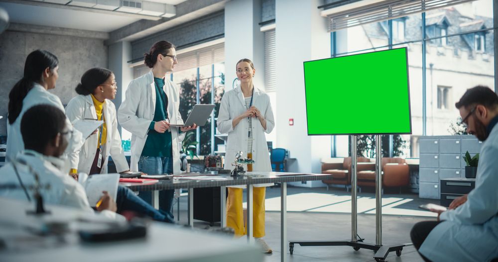 Group of Students Listening to Their Robotics Female Professor Who Uses Green Screen Monitor in a Laboratory.