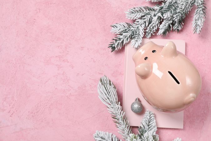 Concept of Christmas finance with piggy bank, space for text