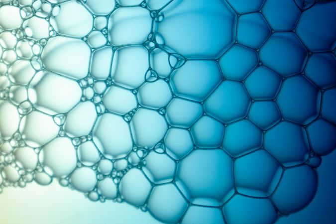 Abstract background bio technology, macro photography foam and water with gradient background. Molecule multicolor backgorund