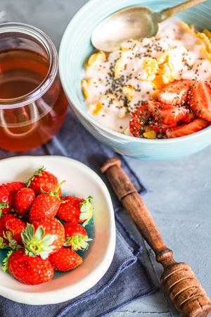 Close up of traditionally healthy breakfast with chia and strawberry