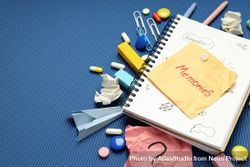 “Memories” Post It Note On Book With Pills, Paper Clips And Pens On ...