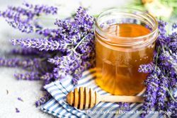 Pot of honey with bunch of lavender with dipper and space for text bYqvad