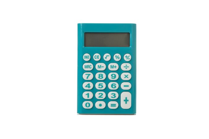 Blue mini calculator isolated on blank background