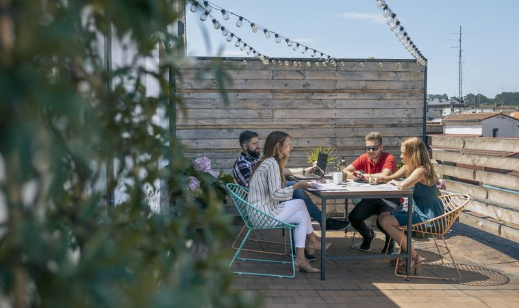 Office workers working on the terrace