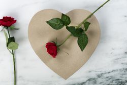 Happy Valentine’s Day with a large heart shape giftbox and red roses on marble stone