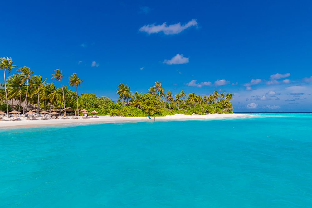 Wide shot of clear blue water and reclining chairs on the beach, landscape