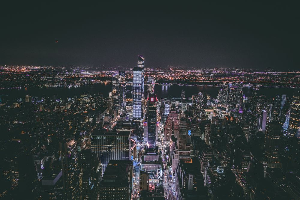 Aerial view of New York city during night time