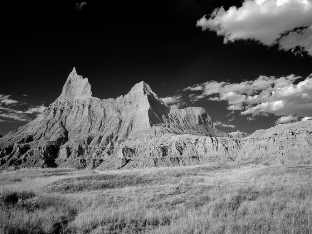 Infrared view of the badlands, Badlands National Park, South Dakota