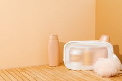 Bath accessories, toilet bag, space for text