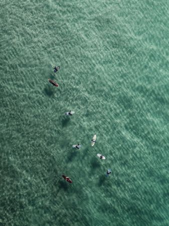 Aerial shot of surfers drifting on the calm open waters