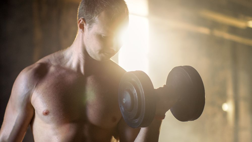 Muscular Shirtless Man Does Biceps Curls with Dumbbells Exercise, as Part of His Bodybuilding Gym Training.
