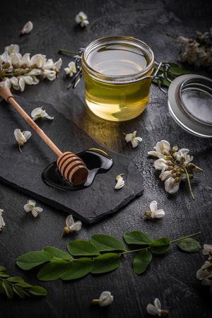 Acacia flowers and natural honey