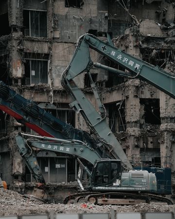 Blue crane beside building