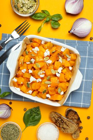 Concept of tasty homemade dish - baked pumpkin