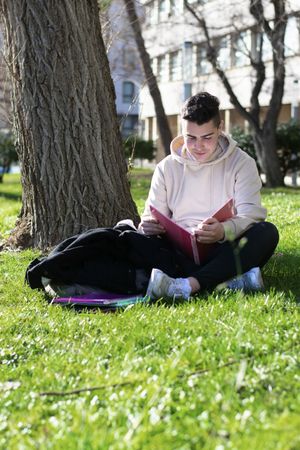 Young male student sitting under tree studying with his notes