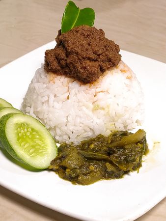 Padang food, nasi padang with beef rendang, Indonesian traditional food