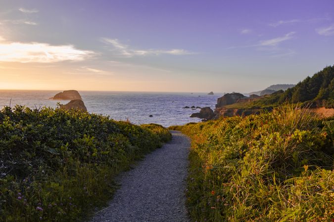 Rocky footpath leading down to the Pacific Ocean in late afternoon
