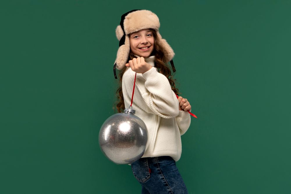 Cheerful girl posing with large silver ornament on ribbon