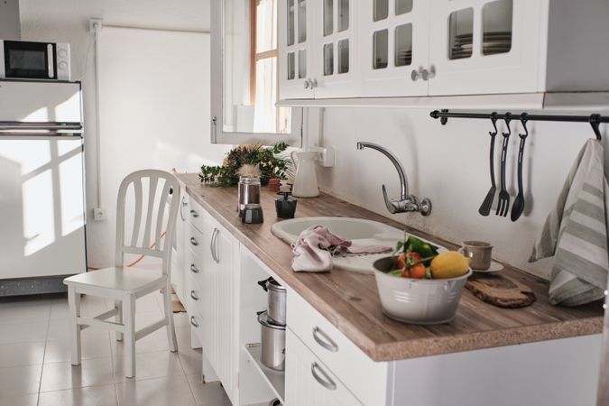 Interior of stylish modern white kitchen