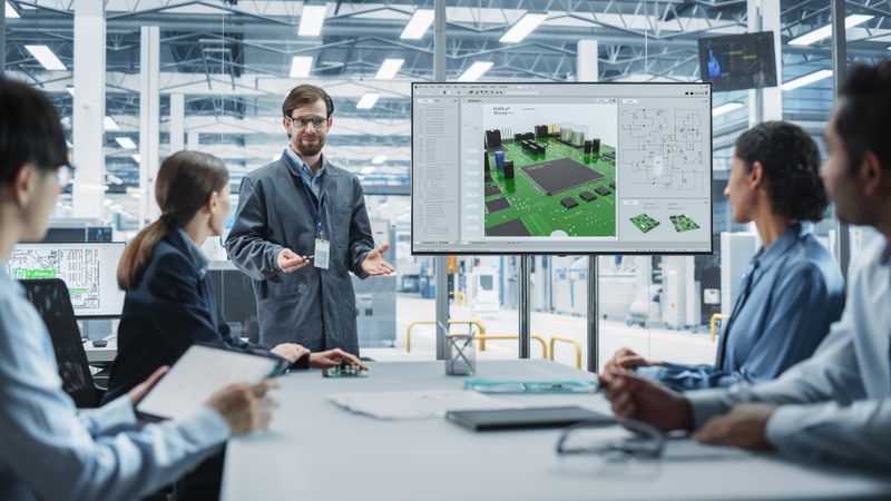 Electronics Factory Office Meeting: White Head Of Engineering Presenting Motherboard For New Powerful Microchips On TV Set.